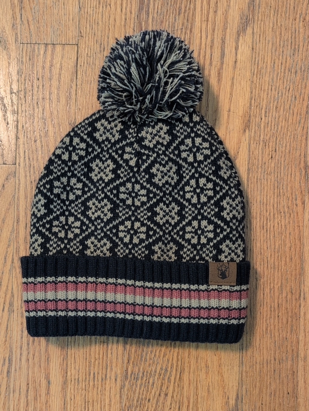 Men's Knit Pom Beanie - Black, Cream & Pink Stripe